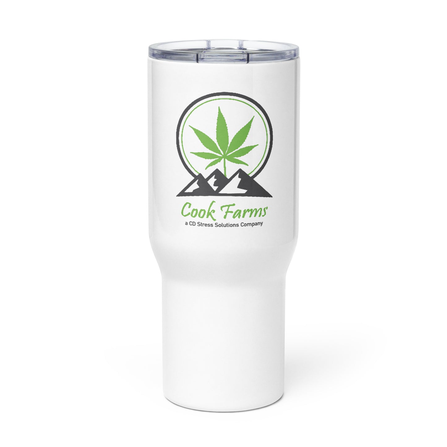 Travel mug with a handle and Cook Farms Logo