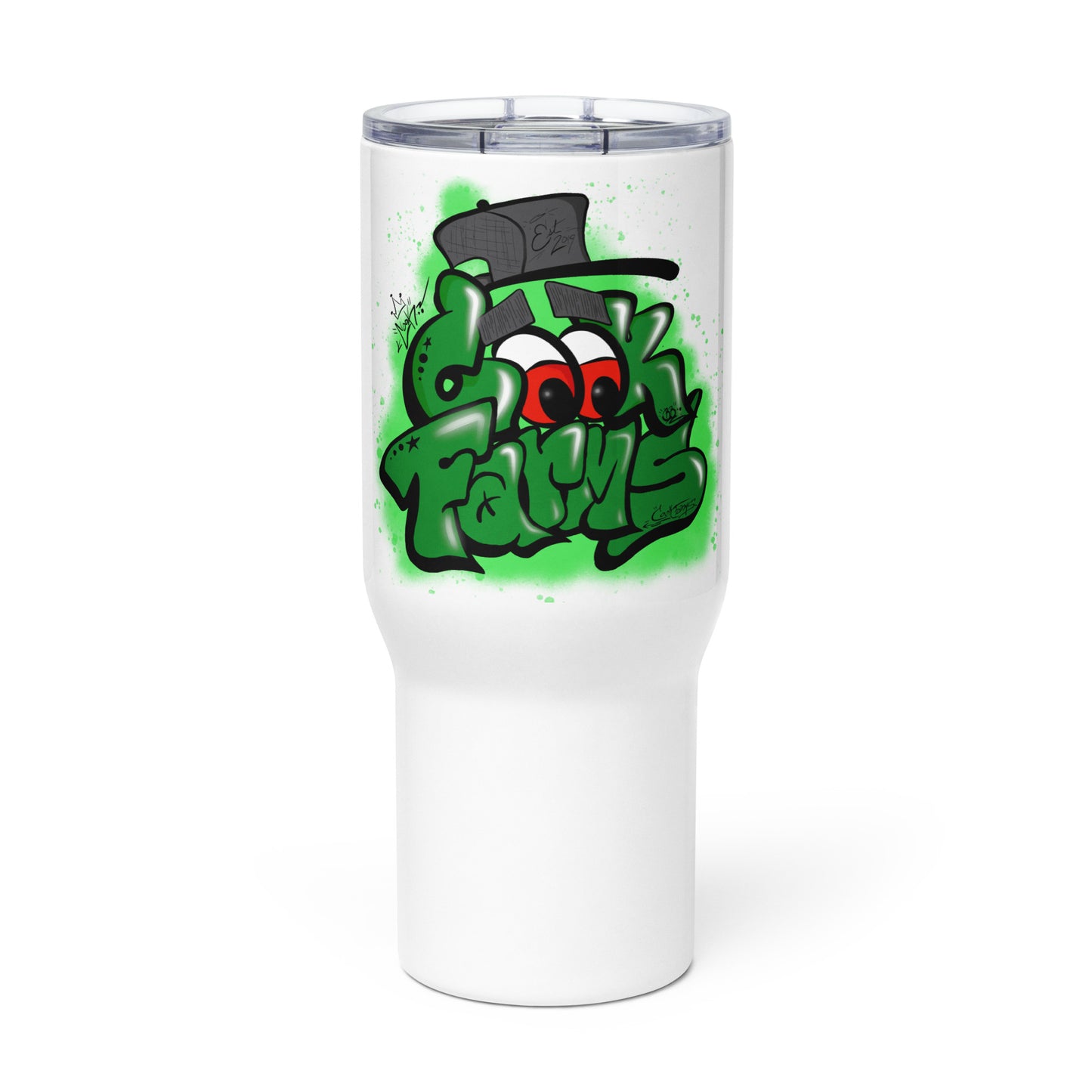 Travel mug with a handle and Cook Farms Graffiti