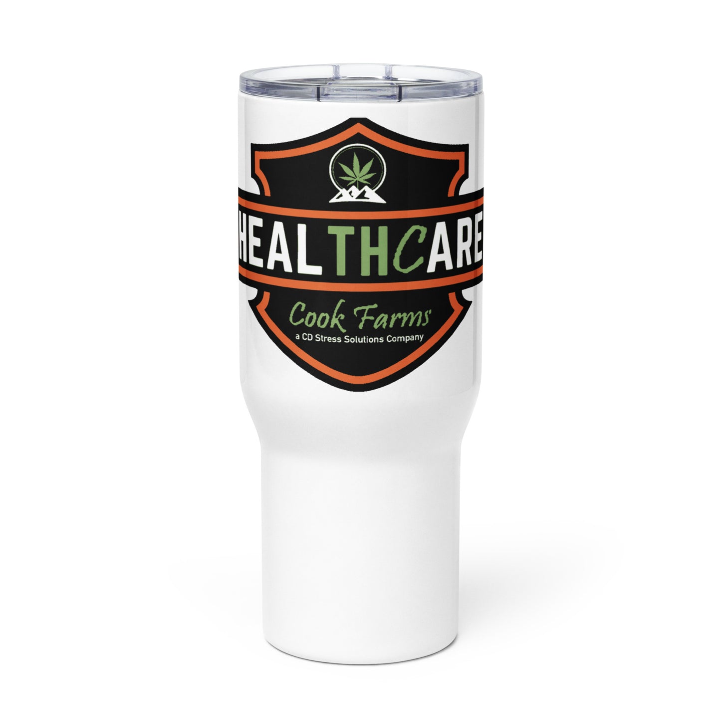 Travel mug with a handle and Harley Healthcare Logo