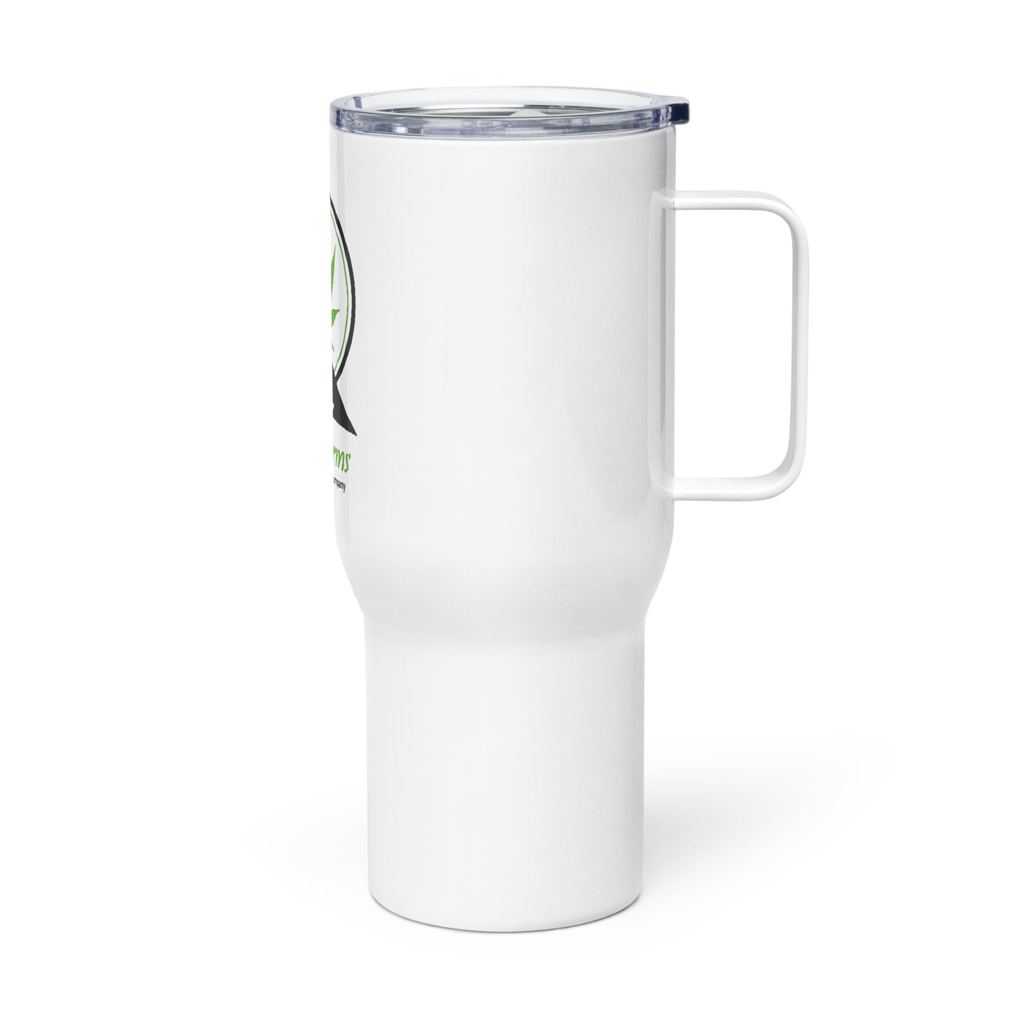 Travel mug with a handle and Cook Farms Logo