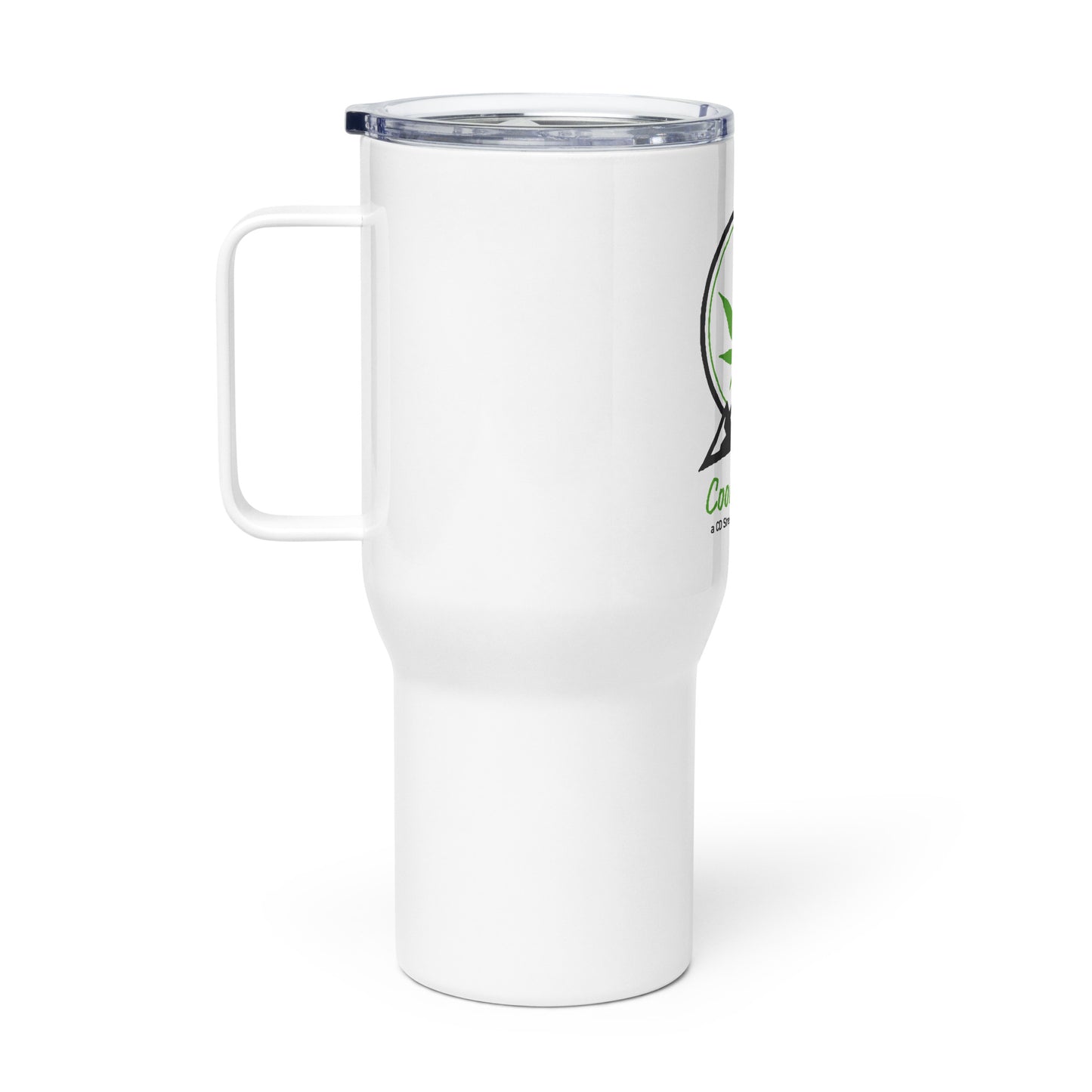 Travel mug with a handle and Cook Farms Logo