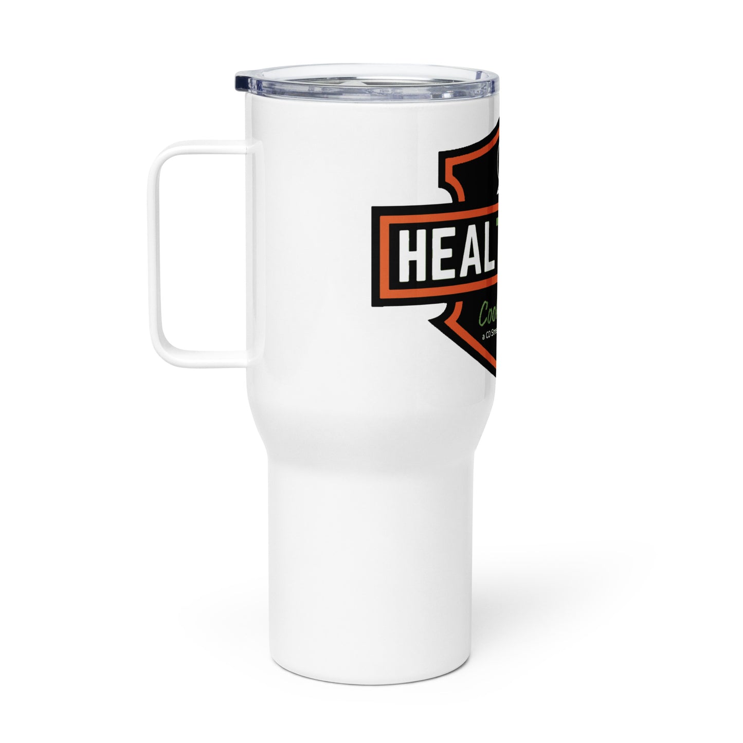 Travel mug with a handle and Harley Healthcare Logo