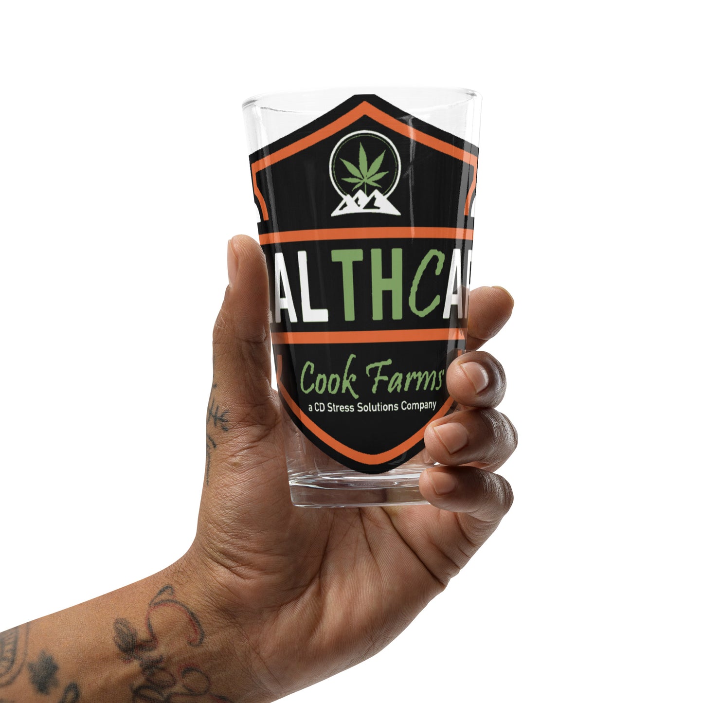 Shaker pint glass with Harley Healthcare Logo