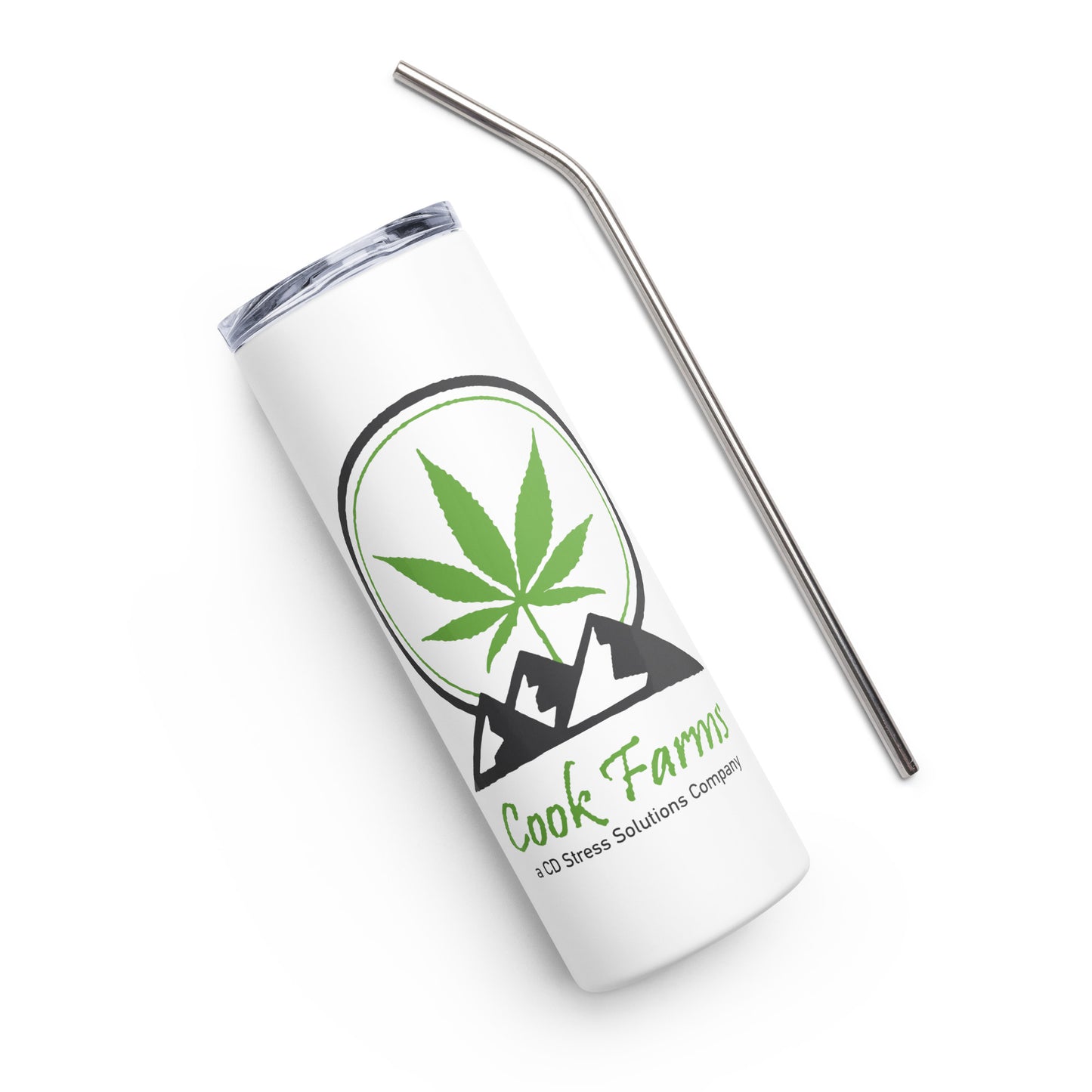 Stainless steel tumbler with Cook Farms logo